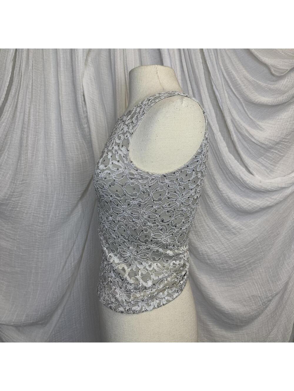 Y2K Petite Silver Floral Lace Gemmed Sleeveless Top - Picture 4 of 6